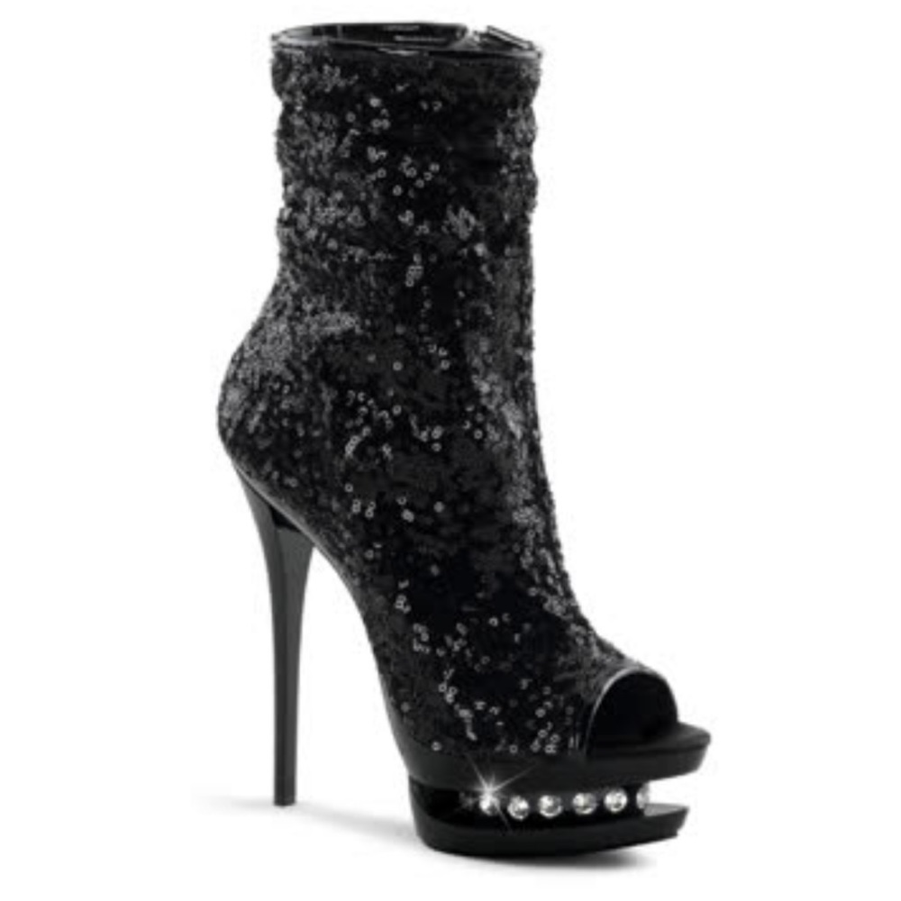 Pleaser *6" HEEL, 1 1/2" PF SEQUINED OPEN TOE ANKLE BOOT, SIDE ZIP, size 6